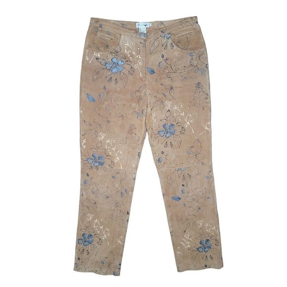 Cali Cali Pants - CALI Cali Pants Womens 8 Tan Blue Suede Leather Floral Straight Leg Lined